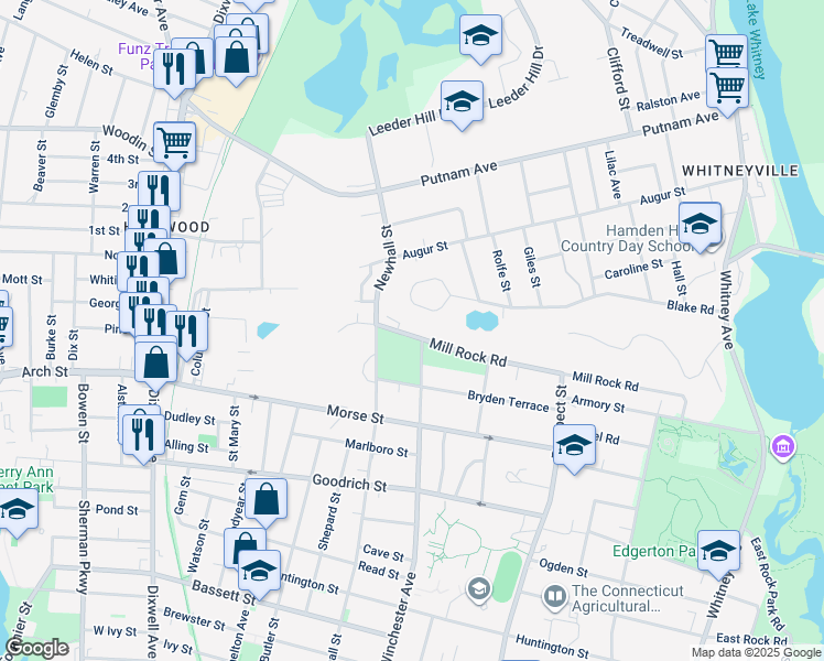 map of restaurants, bars, coffee shops, grocery stores, and more near 359 Mill Rock Road in Hamden