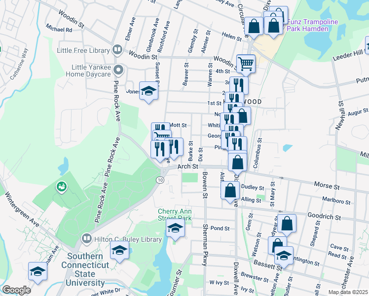 map of restaurants, bars, coffee shops, grocery stores, and more near 51 Burke Street in Hamden