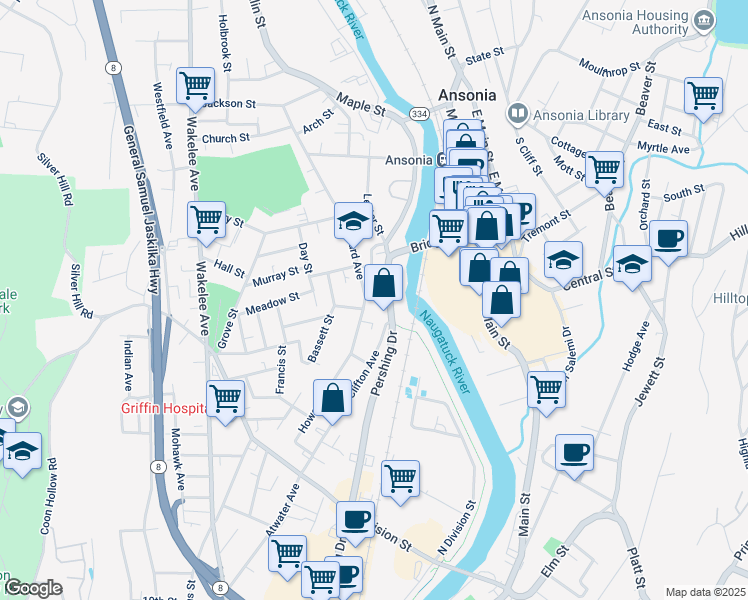 map of restaurants, bars, coffee shops, grocery stores, and more near 100 Howard Avenue in Ansonia