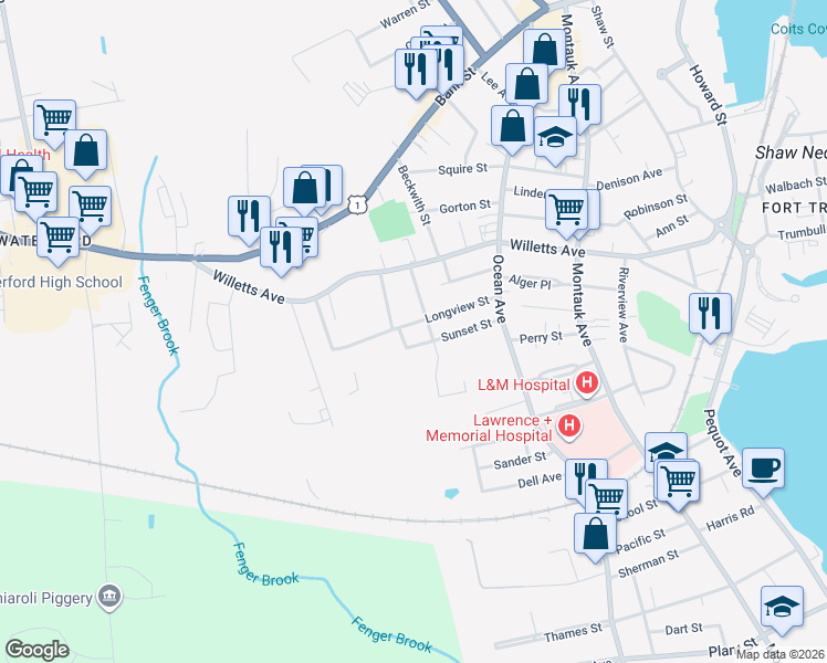 map of restaurants, bars, coffee shops, grocery stores, and more near 52 Viets Street in New London