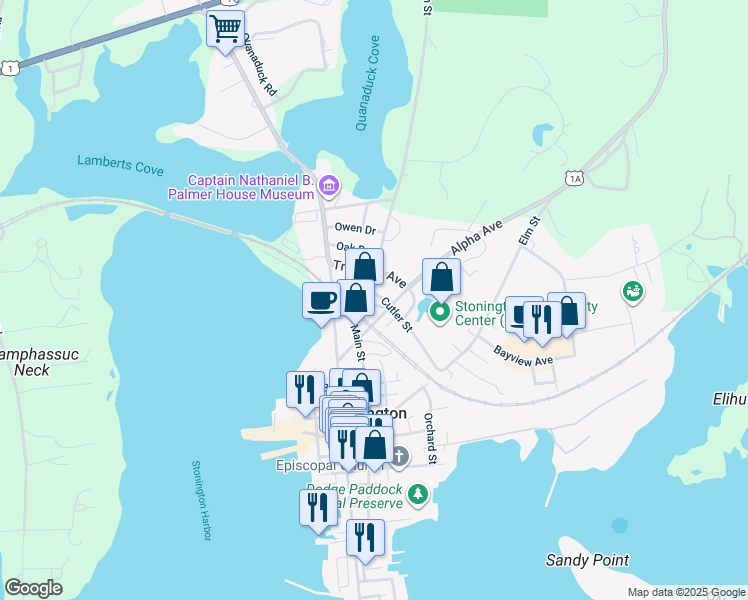 map of restaurants, bars, coffee shops, grocery stores, and more near 205 North Main Street in Stonington