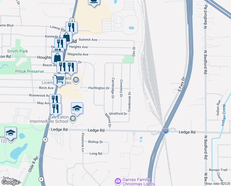 map of restaurants, bars, coffee shops, grocery stores, and more near 9046 Cambridge Drive in Northfield