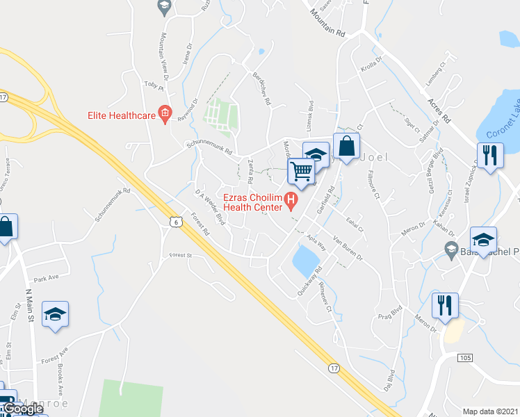 map of restaurants, bars, coffee shops, grocery stores, and more near 13 Carter Lane in Kiryas Joel