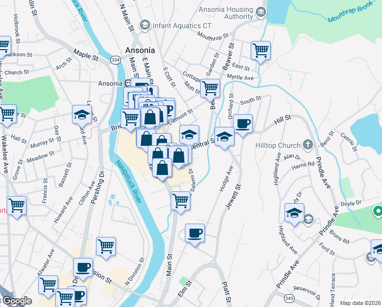 map of restaurants, bars, coffee shops, grocery stores, and more near 96 Central Street in Ansonia