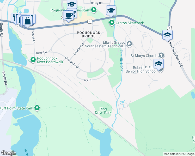 map of restaurants, bars, coffee shops, grocery stores, and more near 112 ivy ct in Groton