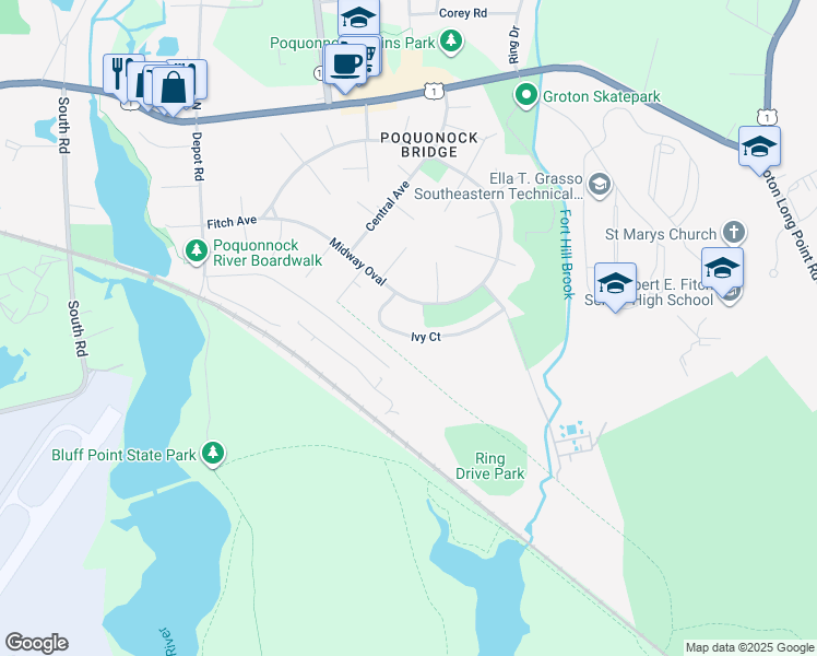map of restaurants, bars, coffee shops, grocery stores, and more near 123 Midway Oval in Groton