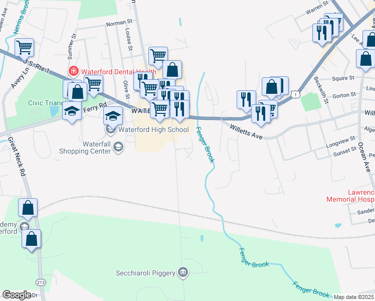 map of restaurants, bars, coffee shops, grocery stores, and more near 22 Miner Lane in Waterford