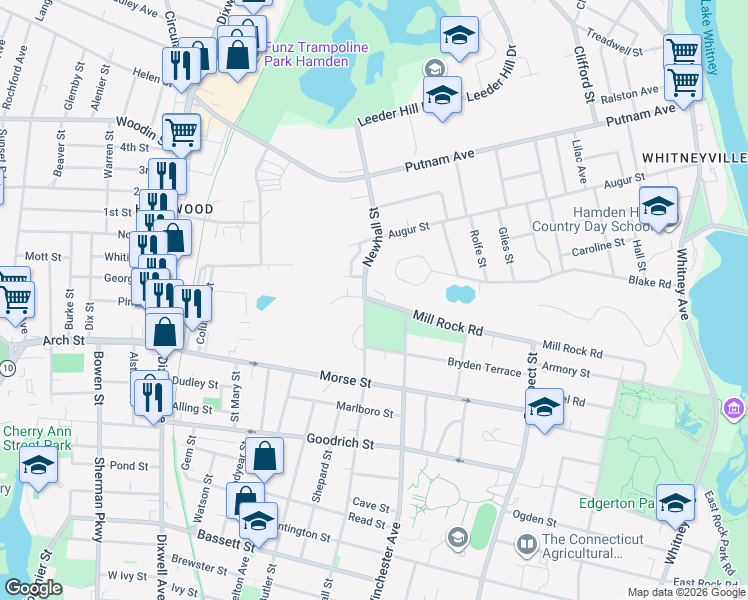 map of restaurants, bars, coffee shops, grocery stores, and more near 393 Mill Rock Road in Hamden