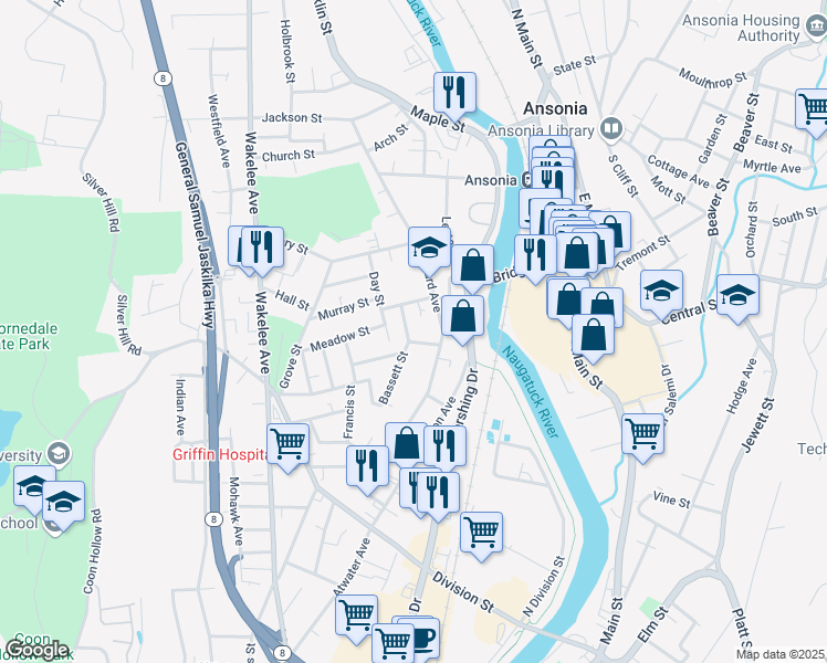 map of restaurants, bars, coffee shops, grocery stores, and more near 9 Bassett Street in Ansonia