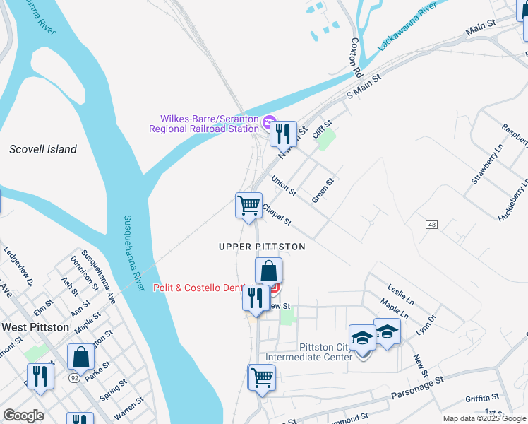 map of restaurants, bars, coffee shops, grocery stores, and more near 12-16 Cliff Street in Pittston