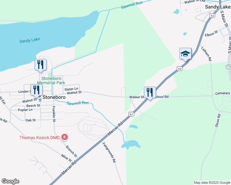 map of restaurants, bars, coffee shops, grocery stores, and more near 1253 Walnut Street in Stoneboro
