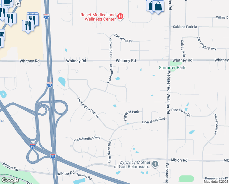 map of restaurants, bars, coffee shops, grocery stores, and more near 9361 Sagamore Circle in Strongsville
