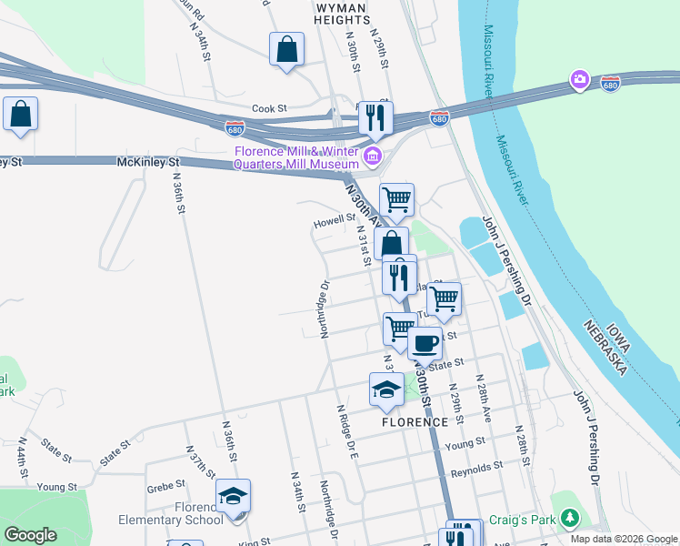 map of restaurants, bars, coffee shops, grocery stores, and more near 3132 Bondesson Street in Omaha
