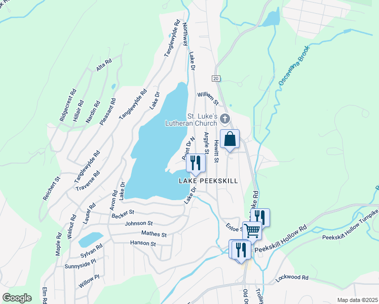 map of restaurants, bars, coffee shops, grocery stores, and more near 93 Lake Drive in Putnam Valley