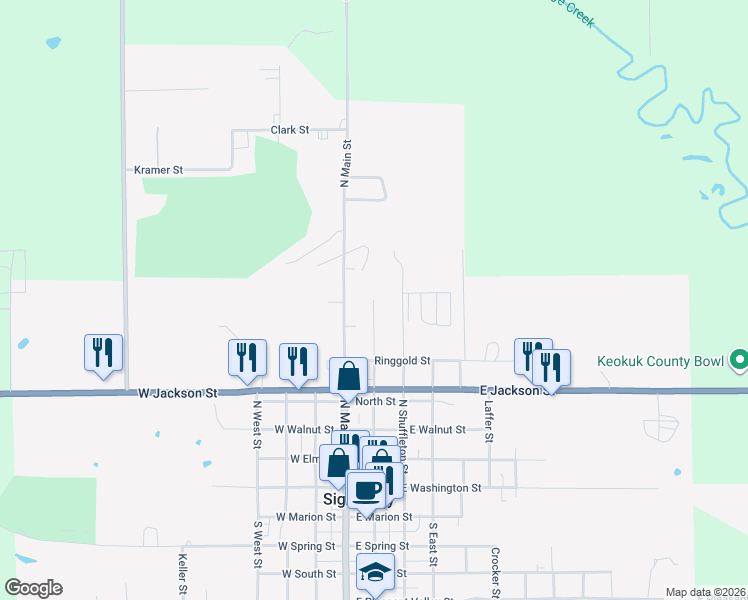 map of restaurants, bars, coffee shops, grocery stores, and more near 799 North Jefferson Street in Sigourney