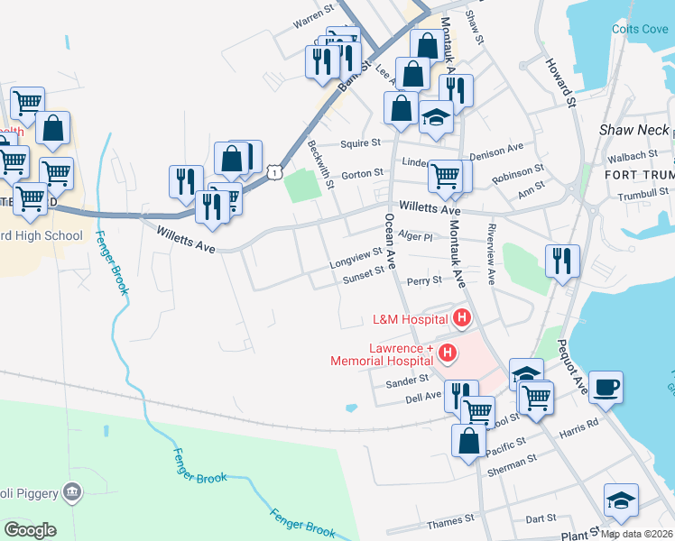 map of restaurants, bars, coffee shops, grocery stores, and more near 52 Viets Street in New London