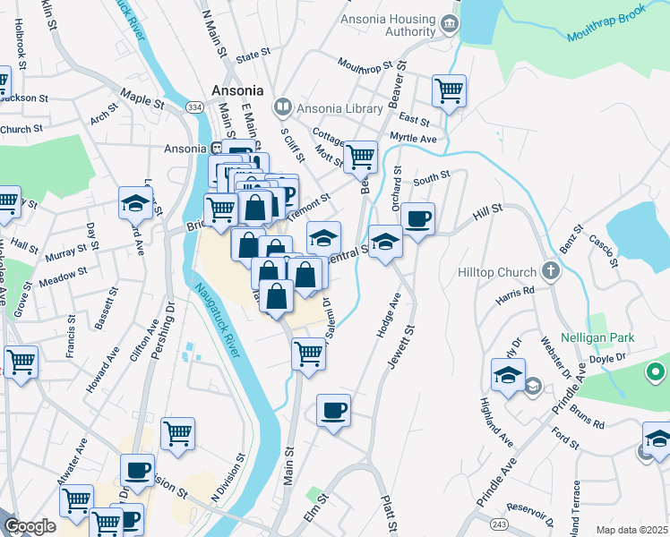 map of restaurants, bars, coffee shops, grocery stores, and more near 96 Central Street in Ansonia