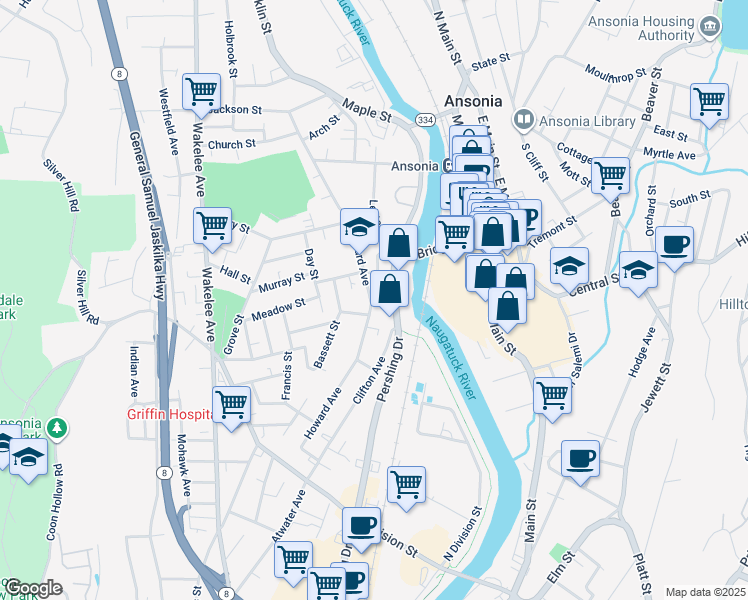 map of restaurants, bars, coffee shops, grocery stores, and more near 96 Howard Avenue in Ansonia