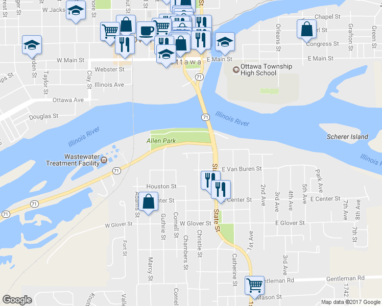 map of restaurants, bars, coffee shops, grocery stores, and more near 210 West Prospect Avenue in Ottawa
