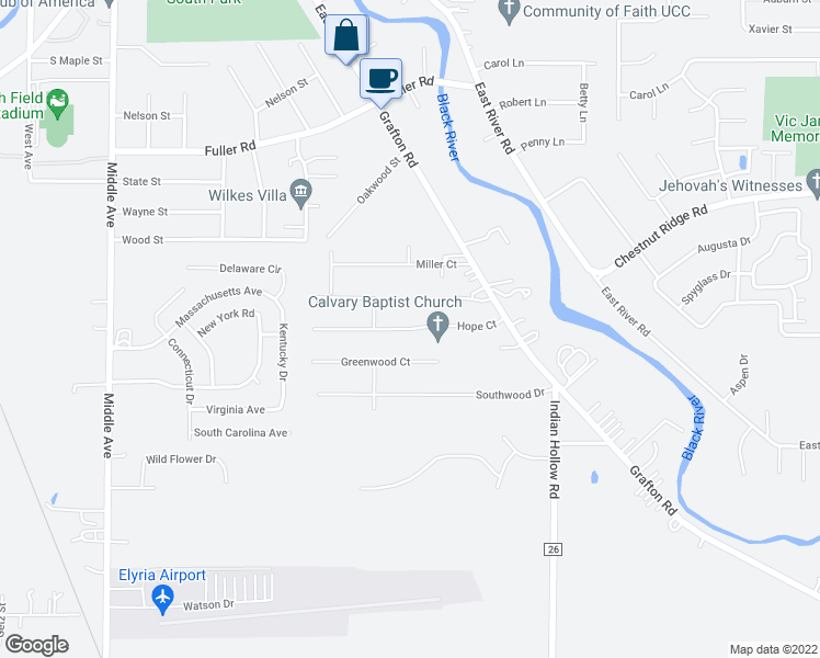 map of restaurants, bars, coffee shops, grocery stores, and more near 101 Hope Court in Elyria