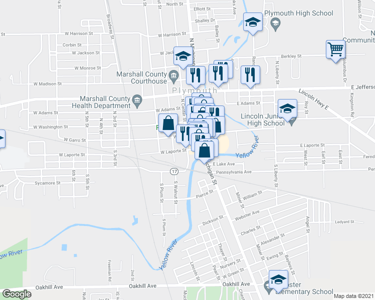 map of restaurants, bars, coffee shops, grocery stores, and more near 200 West Laporte Street in Plymouth