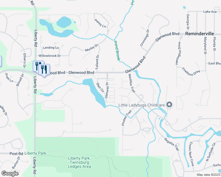map of restaurants, bars, coffee shops, grocery stores, and more near 10358 Liberty Cove in Twinsburg