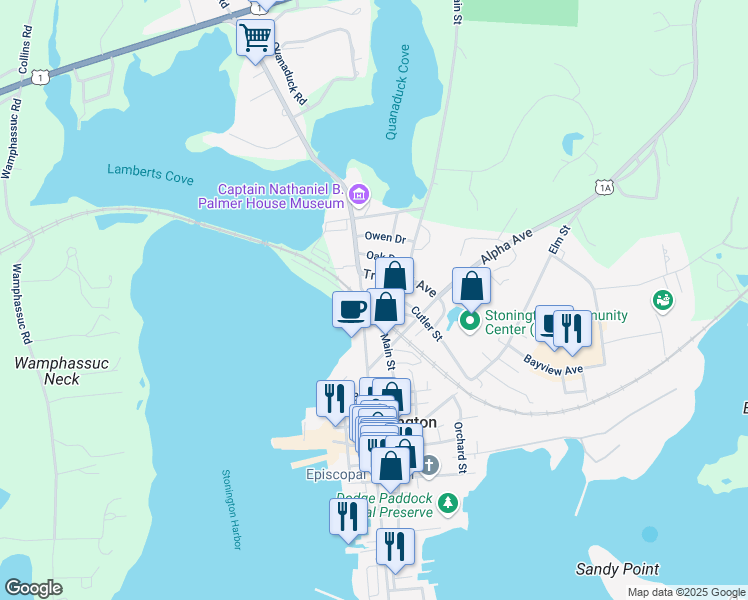 map of restaurants, bars, coffee shops, grocery stores, and more near 77 Cutler Street in Stonington
