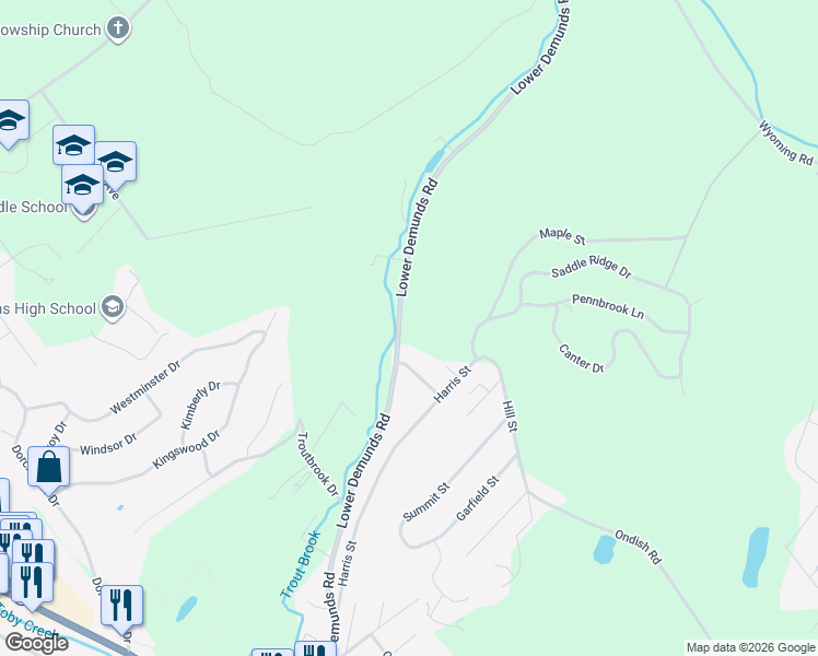 map of restaurants, bars, coffee shops, grocery stores, and more near 1259 Lower Demunds Road in Dallas