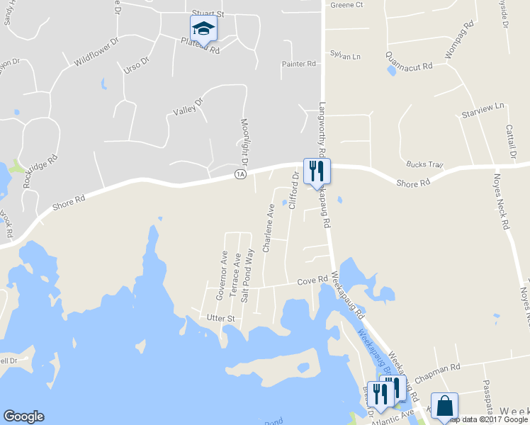 map of restaurants, bars, coffee shops, grocery stores, and more near 30 Charlene Avenue in Westerly