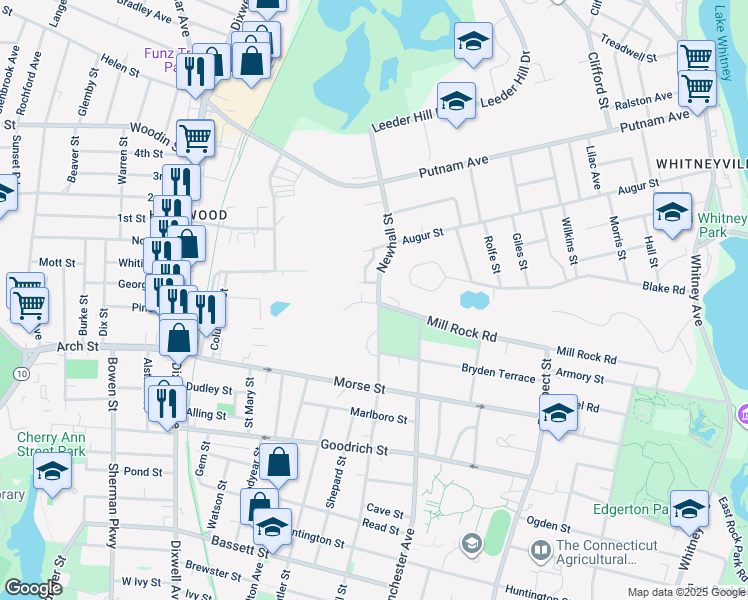 map of restaurants, bars, coffee shops, grocery stores, and more near 596 Newhall Street in Hamden