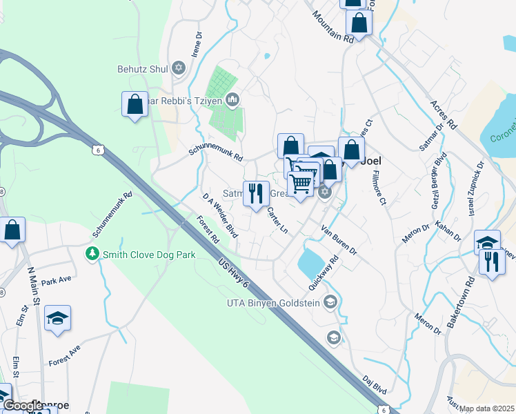 map of restaurants, bars, coffee shops, grocery stores, and more near 13 Carter Lane in Kiryas Joel