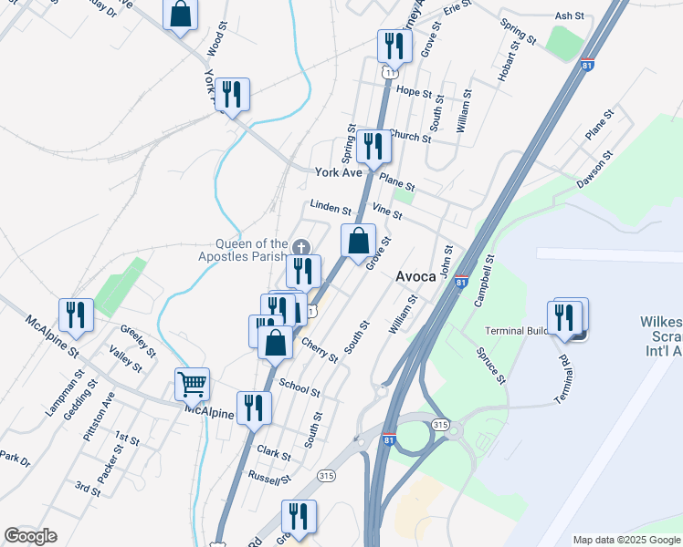 map of restaurants, bars, coffee shops, grocery stores, and more near Wood St in Avoca