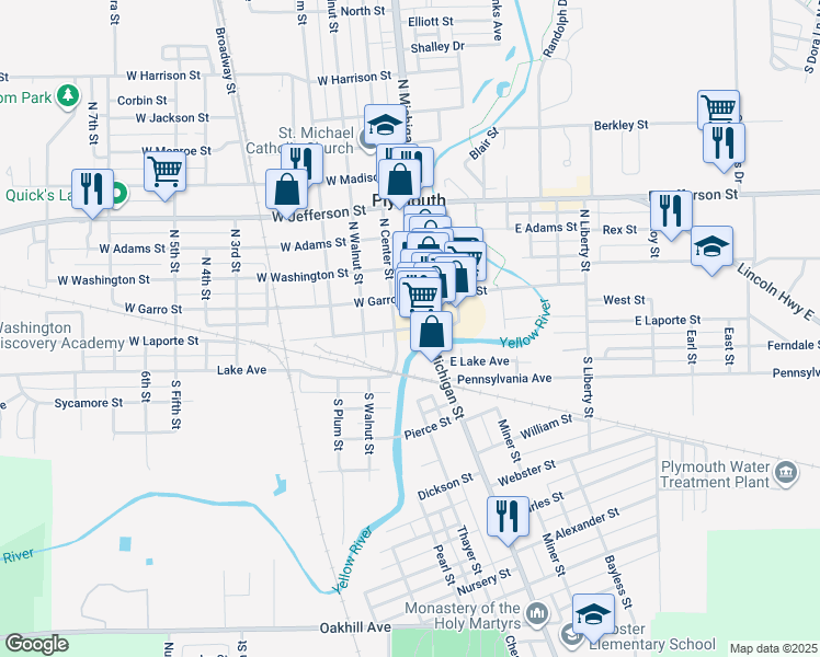 map of restaurants, bars, coffee shops, grocery stores, and more near 116 West Laporte Street in Plymouth