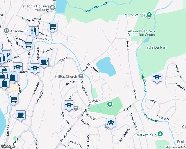 map of restaurants, bars, coffee shops, grocery stores, and more near 19 Mountain View Road in Ansonia