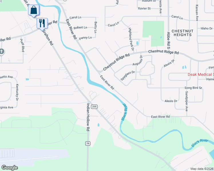 map of restaurants, bars, coffee shops, grocery stores, and more near 10274 East River Road in Elyria