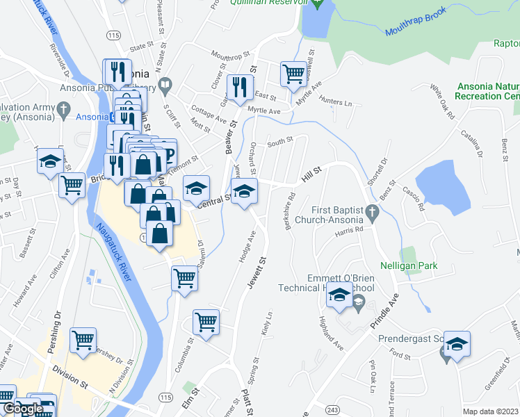 map of restaurants, bars, coffee shops, grocery stores, and more near 43 Jewett Street in Ansonia