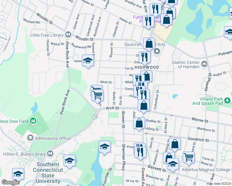 map of restaurants, bars, coffee shops, grocery stores, and more near 51 Burke Street in Hamden