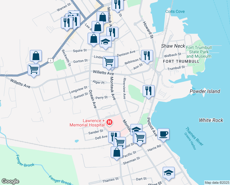 map of restaurants, bars, coffee shops, grocery stores, and more near 270 Montauk Avenue in New London