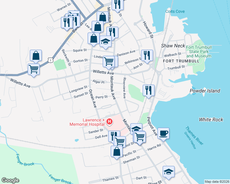 map of restaurants, bars, coffee shops, grocery stores, and more near 270 Montauk Avenue in New London