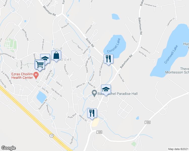 map of restaurants, bars, coffee shops, grocery stores, and more near 2 Kerestier Court in Kiryas Joel