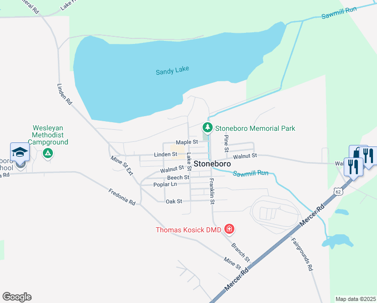 map of restaurants, bars, coffee shops, grocery stores, and more near 75 Lake Street in Stoneboro