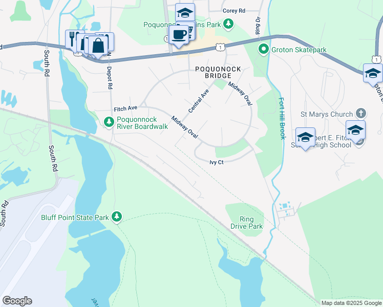 map of restaurants, bars, coffee shops, grocery stores, and more near 31 Ivy Court in Groton