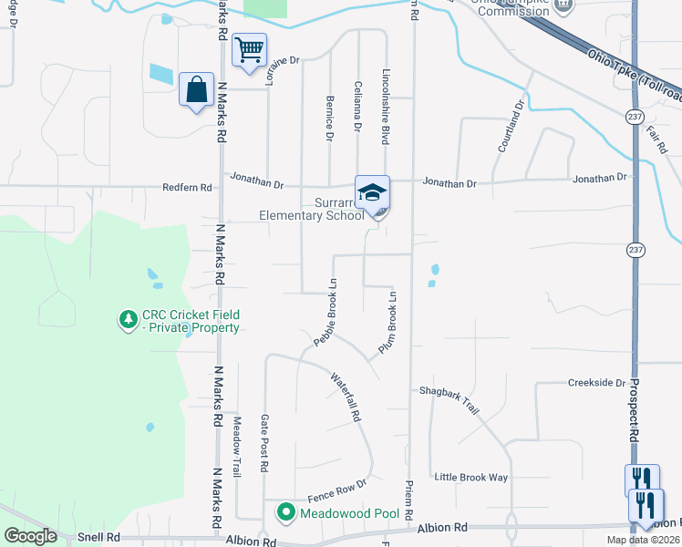 map of restaurants, bars, coffee shops, grocery stores, and more near 9613 Pebble Brook Lane in Strongsville