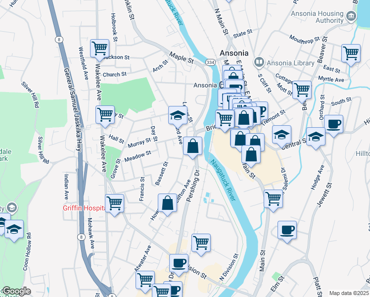 map of restaurants, bars, coffee shops, grocery stores, and more near 100 Howard Avenue in Ansonia