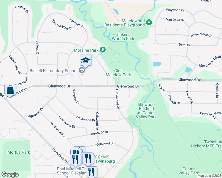 map of restaurants, bars, coffee shops, grocery stores, and more near 1926 Glenwood Drive in Twinsburg