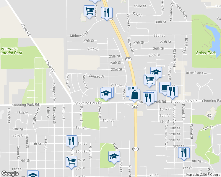map of restaurants, bars, coffee shops, grocery stores, and more near 2109 Plum Street in Peru