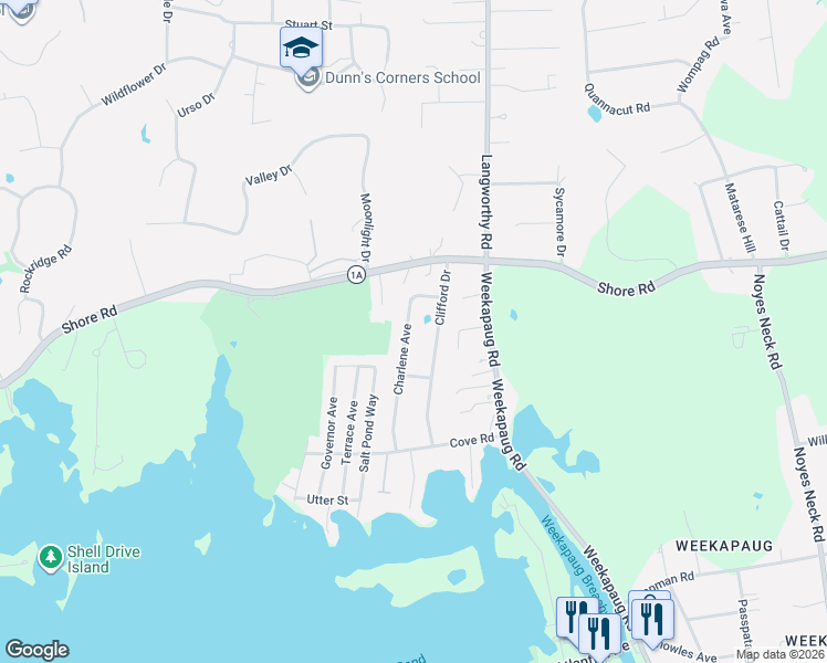 map of restaurants, bars, coffee shops, grocery stores, and more near 30 Charlene Avenue in Westerly