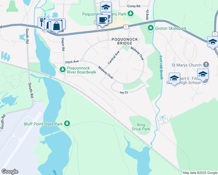 map of restaurants, bars, coffee shops, grocery stores, and more near 31 ivy ct in Groton