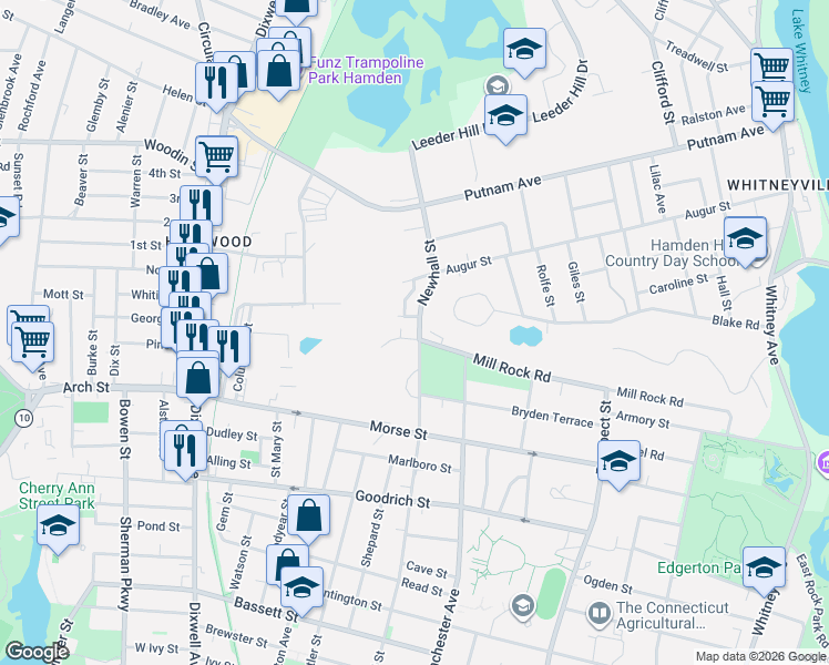 map of restaurants, bars, coffee shops, grocery stores, and more near 596 Newhall Street in Hamden