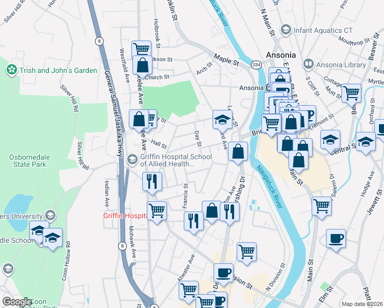 map of restaurants, bars, coffee shops, grocery stores, and more near 36 Day Street in Ansonia